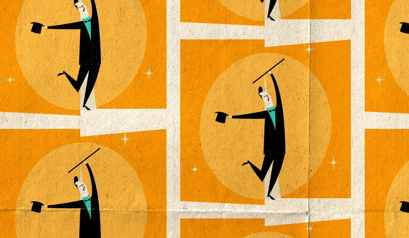 Repeating pattern of a cartoon man in a suit and tie, holding a cane and top hat while dancing joyfully, set against an orange background with circular light spots and small star shapes.