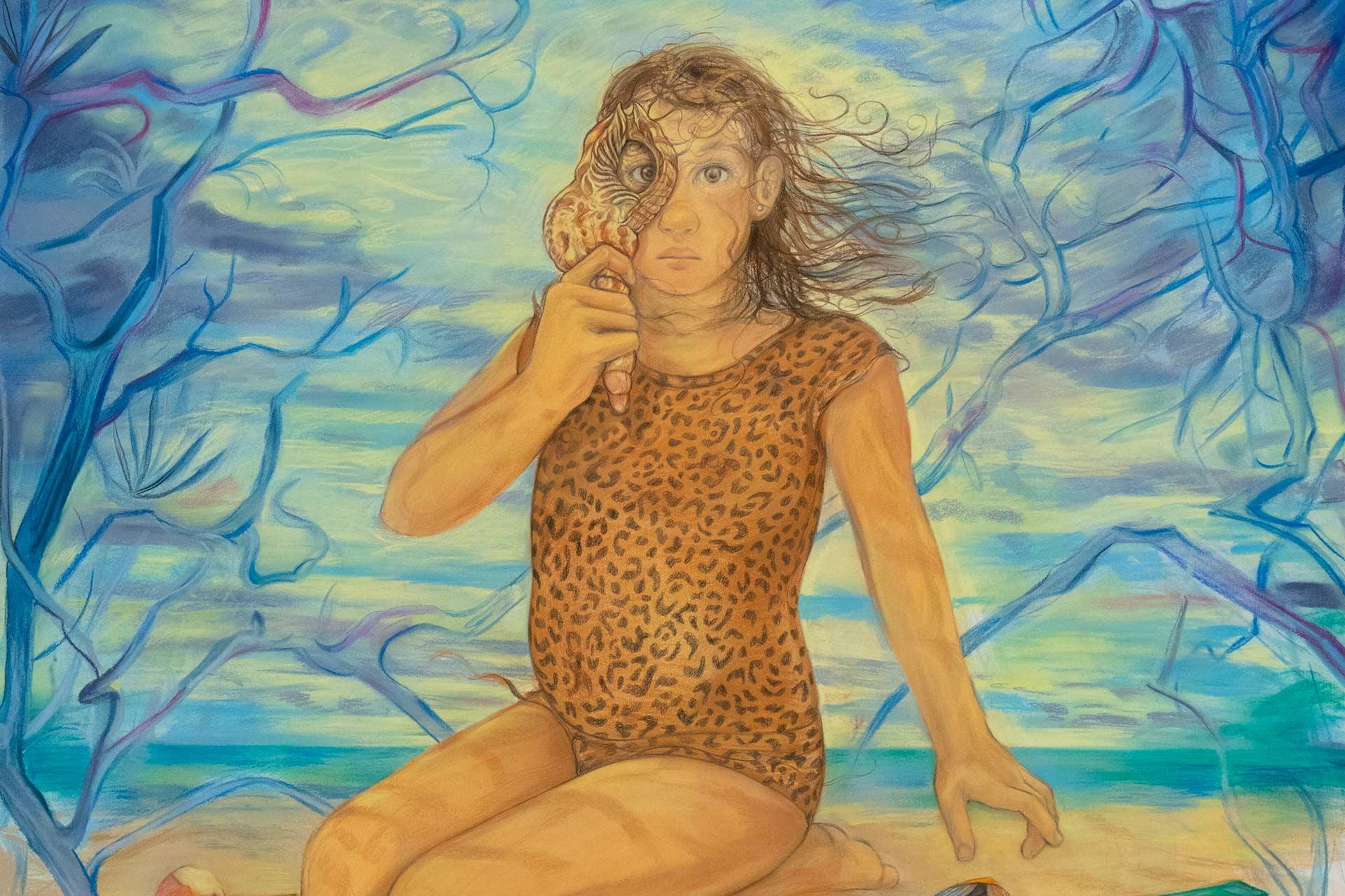 A child in a leopard-print outfit kneels on the beach, holding a large seashell to their face. Windswept hair and blue, abstract tree branches frame the scene under a vibrant sky.